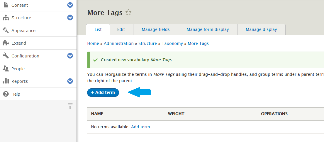 Add Term to newly created Drupal Vocabulary