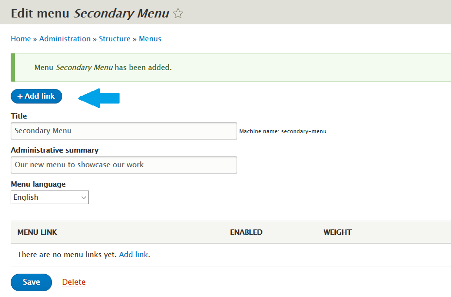 Add new Drupal menu link