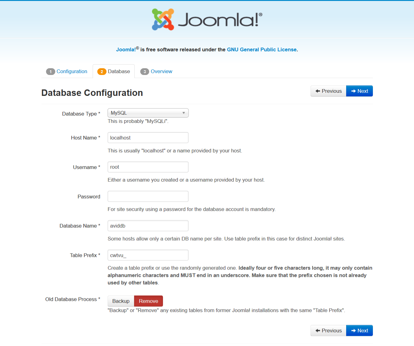 Adding Database Configuration details for Joomla