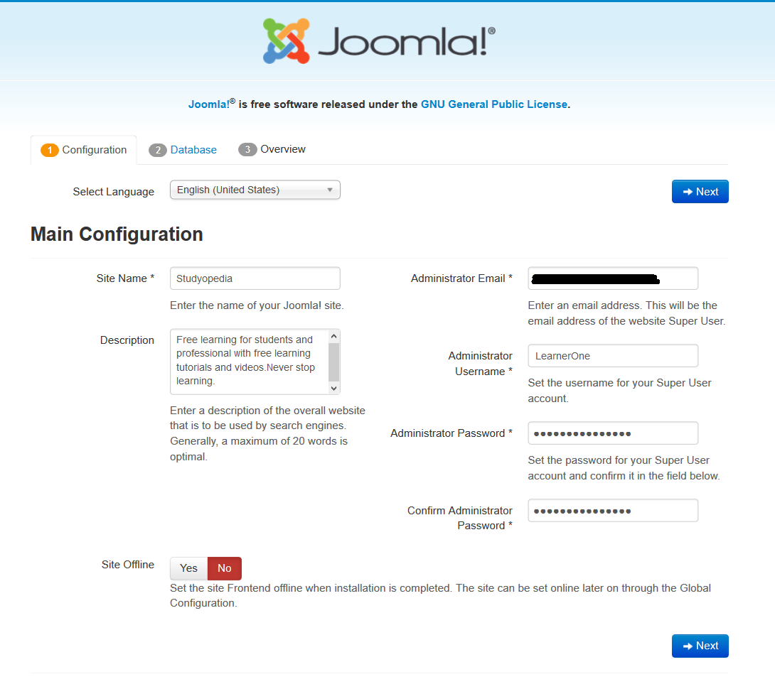 Adding Joomla Main Configuration details