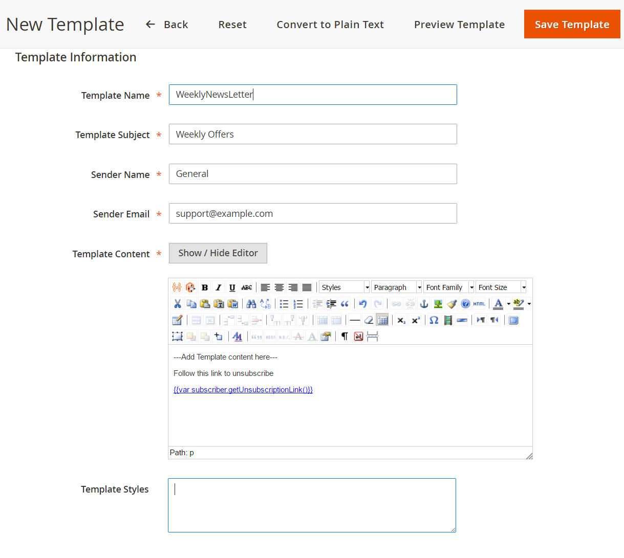Adding details for Magento Template Information