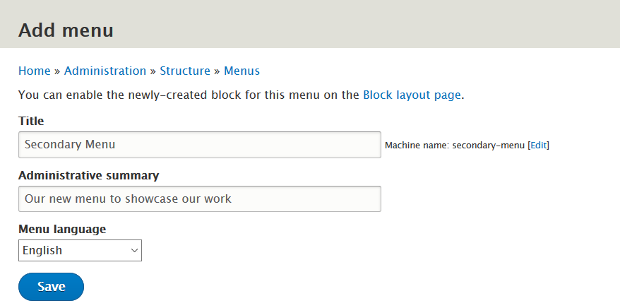 Adding title & summary to new Drupal menu