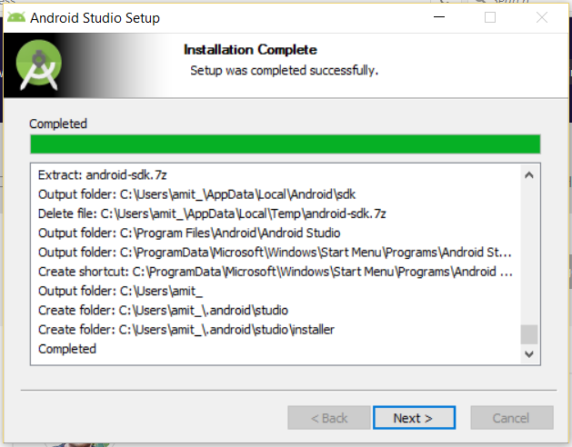 Android Studio installation completed successfully