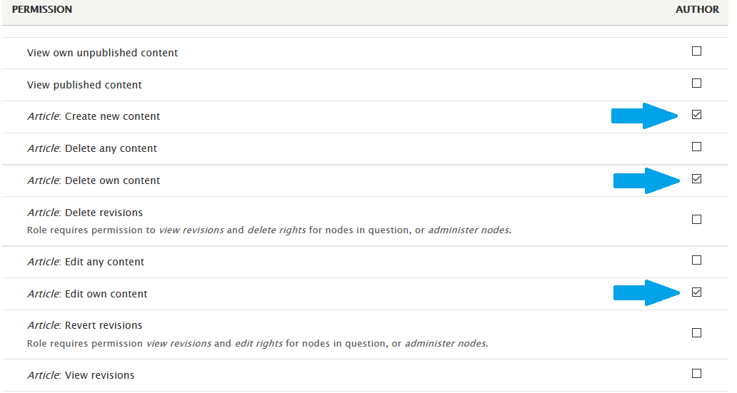 Assigning permissions to Drupal user role Author