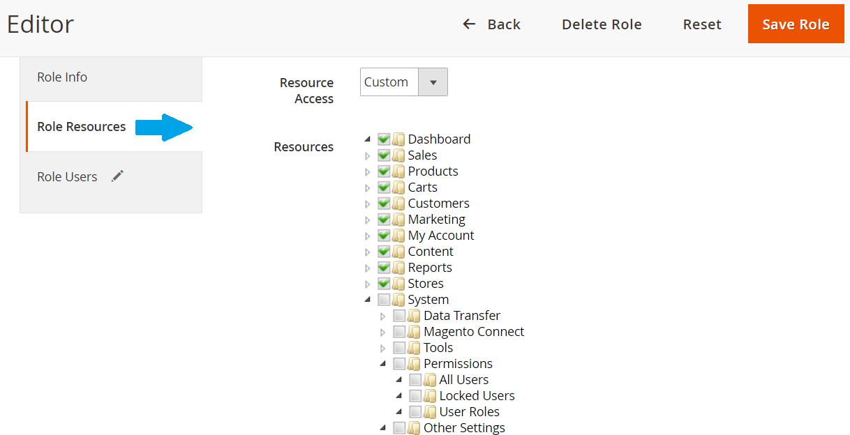 Assigning resources to Magento Editor user role