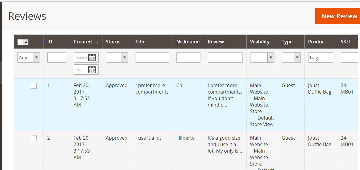 Check Magento store reviews for products sold