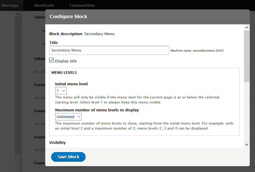 Configure block to add Drupal menu