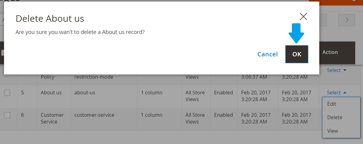 Confirmation for deleting a Magento page