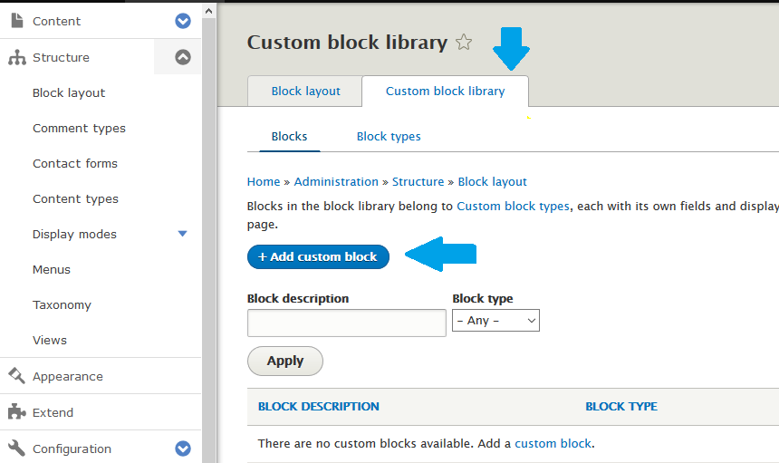 Create new Drupal blocks with Add custom block