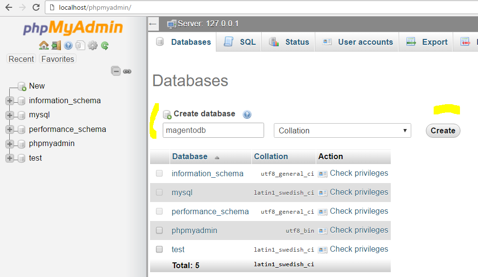 Create new MySQL database for Magento