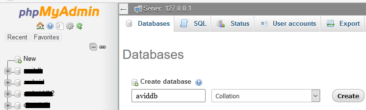 Creating new MySQL database aviddb