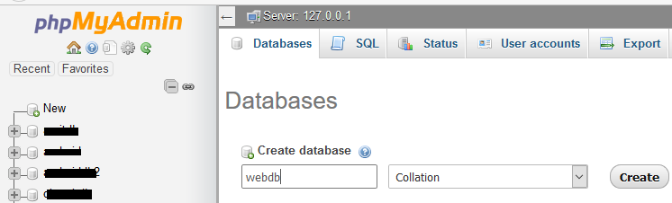 Creating new MySQL database webdb