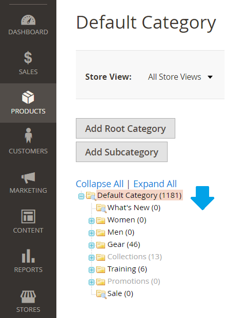 Default categories visible under Magento Categories section