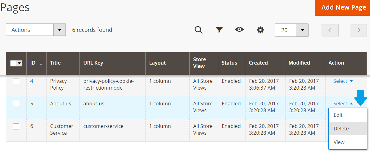 Delete Magento Page