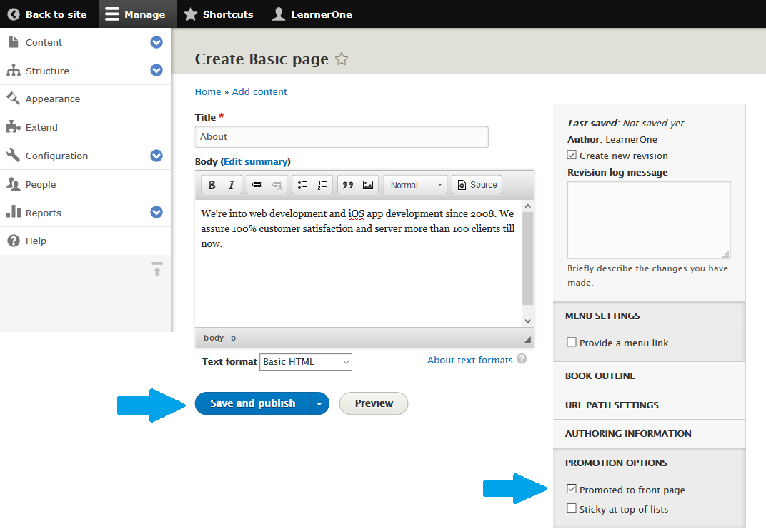 Details added for creating Drupal basic page as front page
