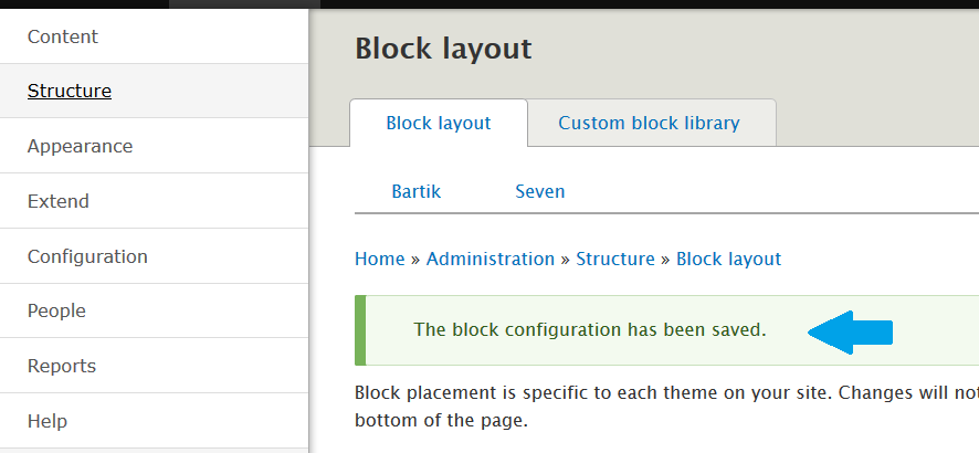 Drupal Block configuration saved
