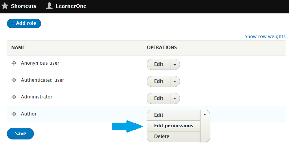 Edit permissions of Drupal User Role Author