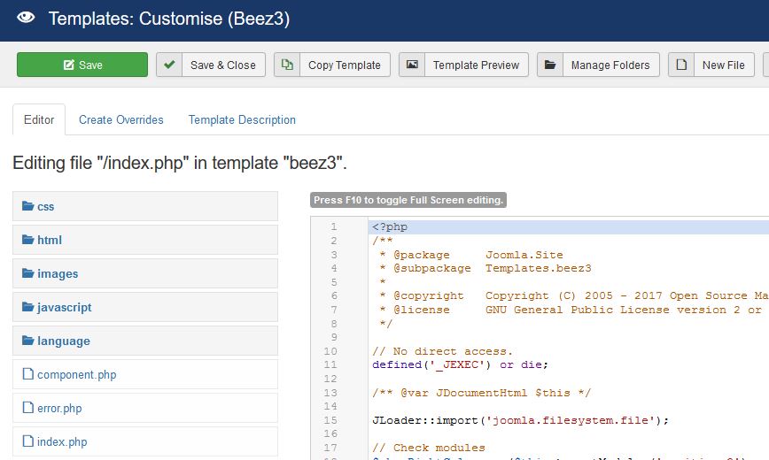 Editing Joomla Template File