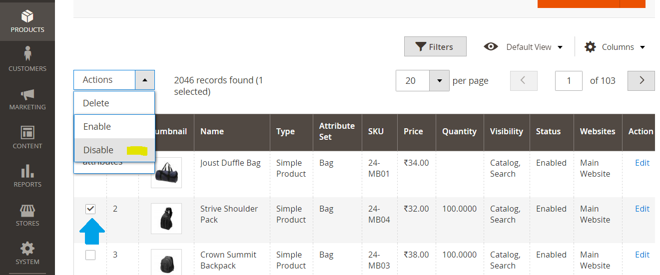 Enable & Disable options for Magento product status