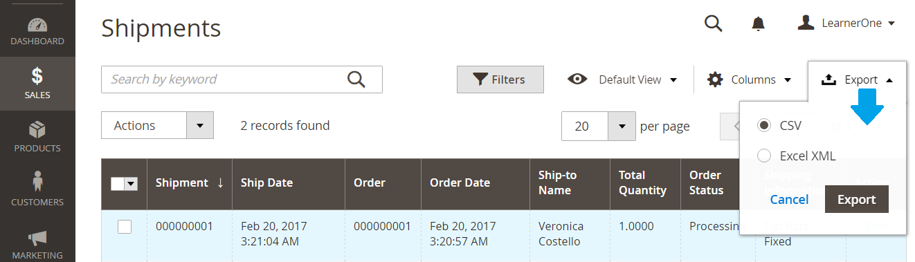 Export Magento Store shipments list