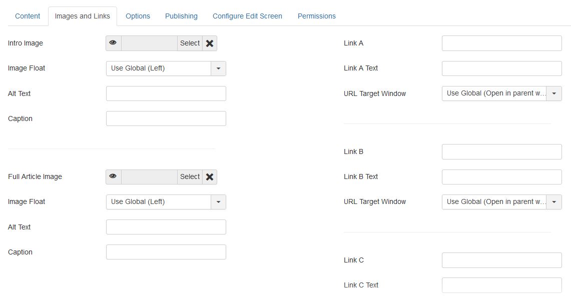 Joomla Add new article Images and Links Tab