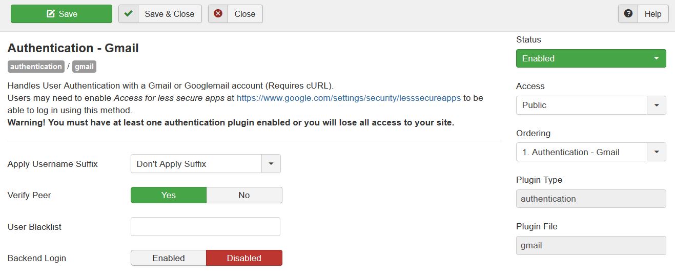 Joomla Authentication Gmail Plugin settings