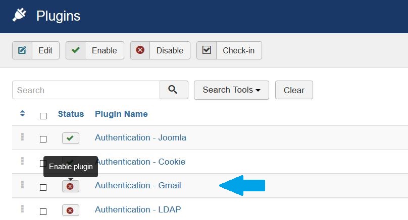 Joomla Authentication Gmail plugin disabled