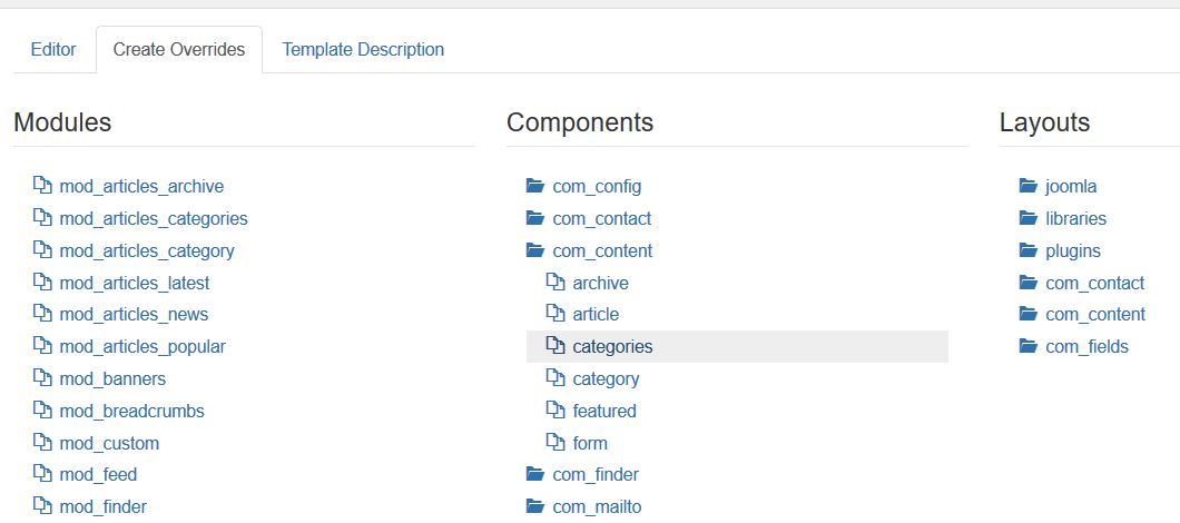 Joomla Categories sub components visible