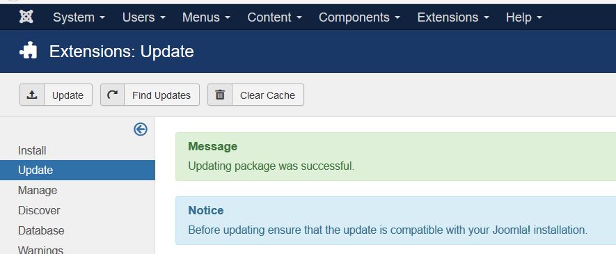 Joomla Extension Updated successfully