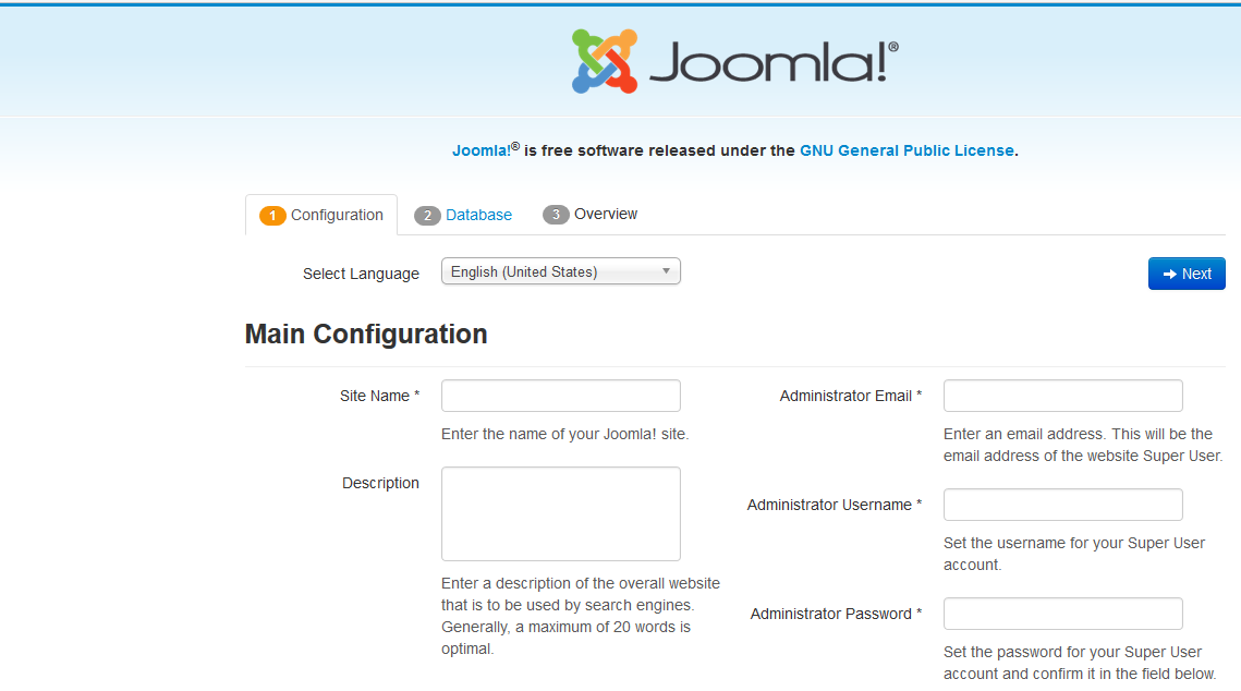Joomla Installation Begins