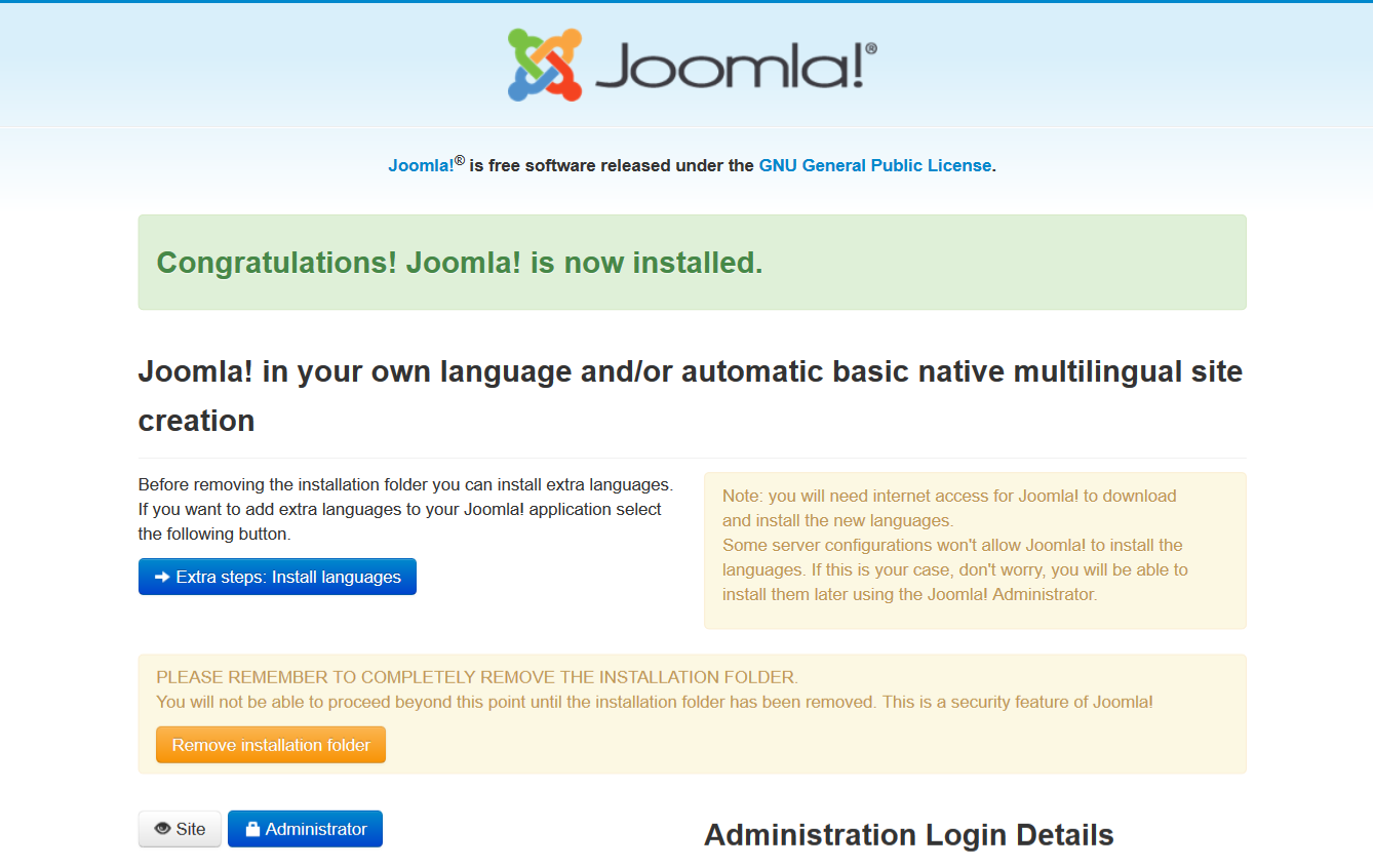 Joomla Installation completed