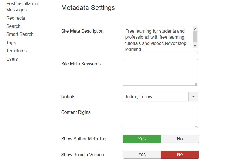 Joomla Metadata Settings
