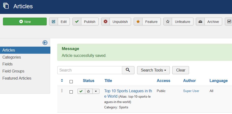 Joomla New Article saved successfully