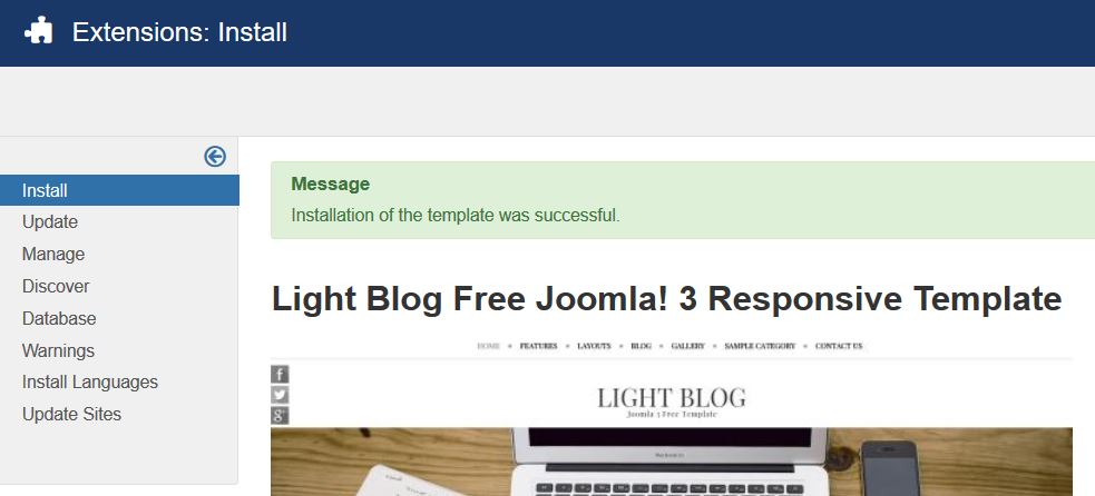 Joomla Template Installation successful