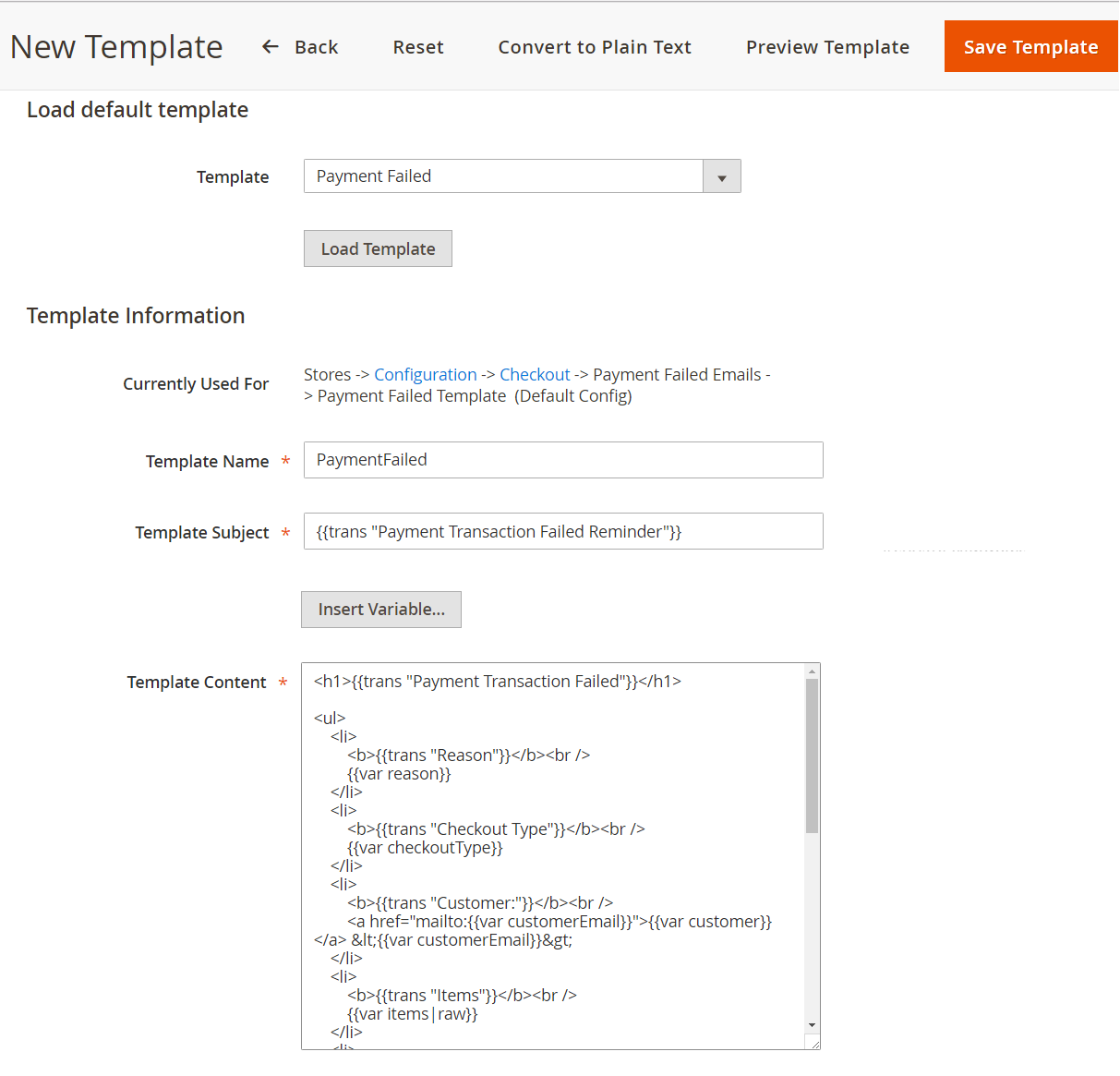 Load Magento template for Payment Failed email