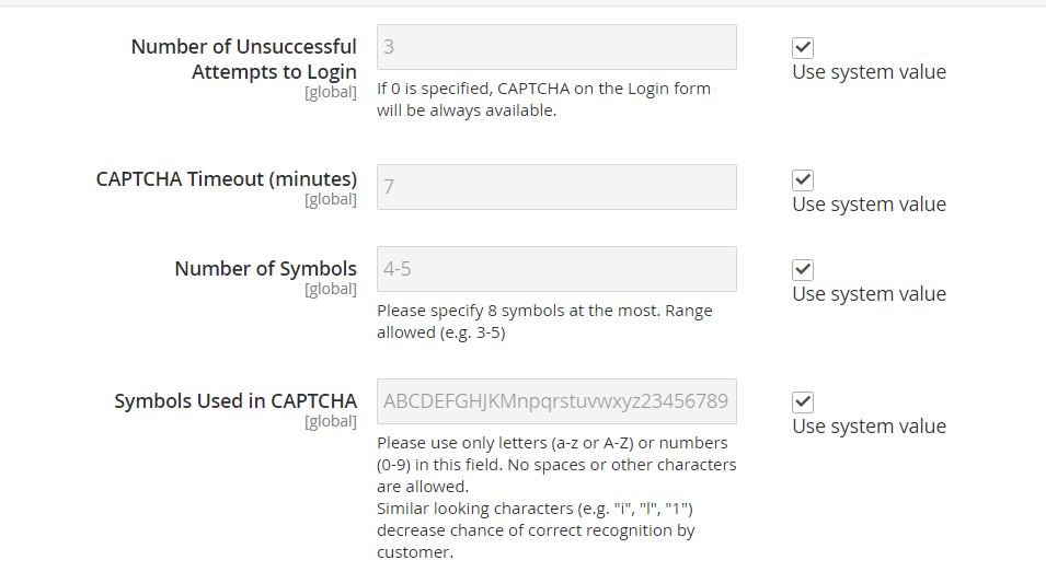 Magento Captcha Other Settings