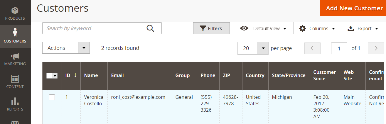 Magento Customers List