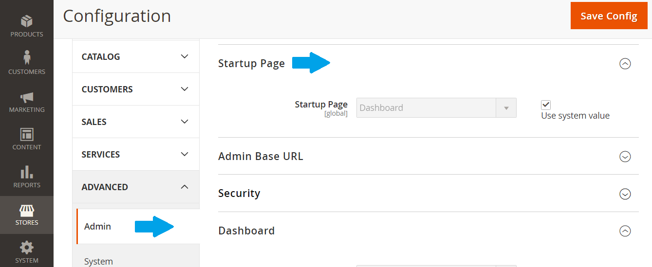 Magento Startup page settings available