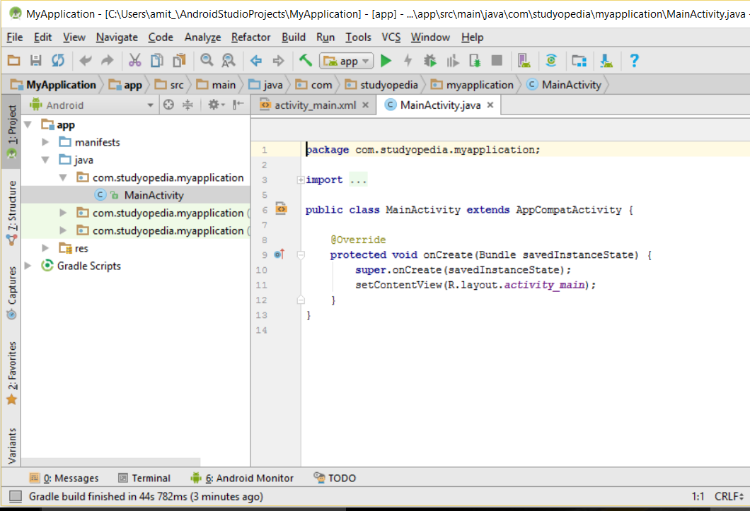 MyApplication Android project created successfully
