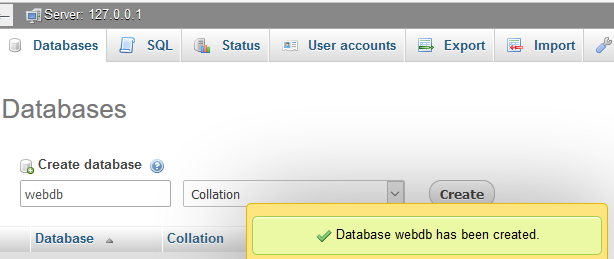 MySQL Database webdb created