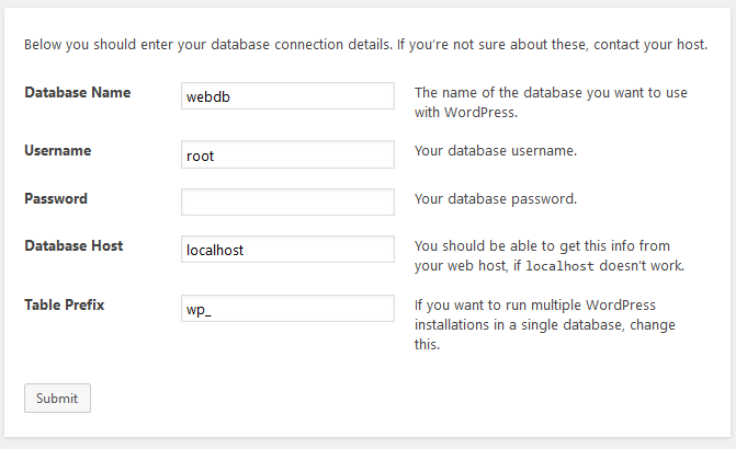 MySQL database connection details for WordPress