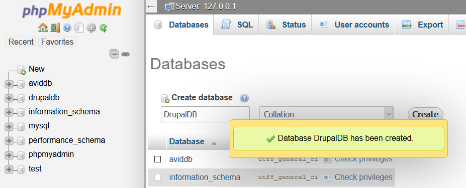 New Database DrupalDB created