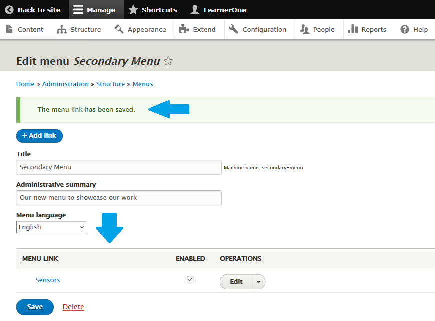 New Drupal menu link Sensors added