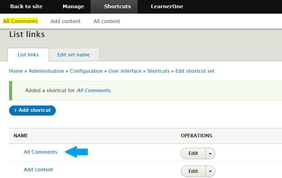 New Drupal shortcut All Comments added