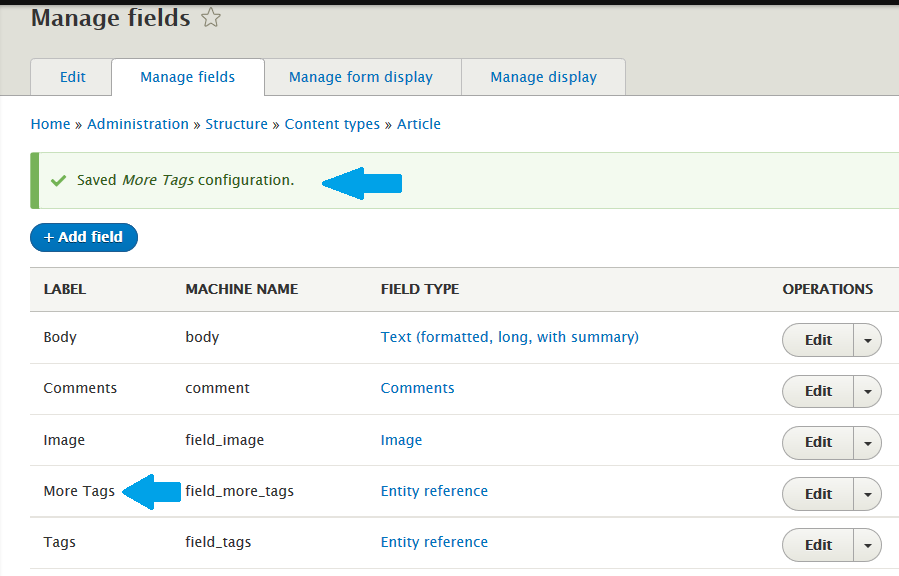 New Field More Tags visible under Manage Fields