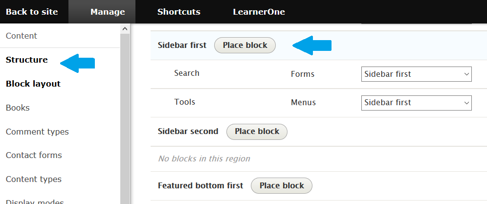 Open Drupal Block Layout from Structure and go to Sidebar first