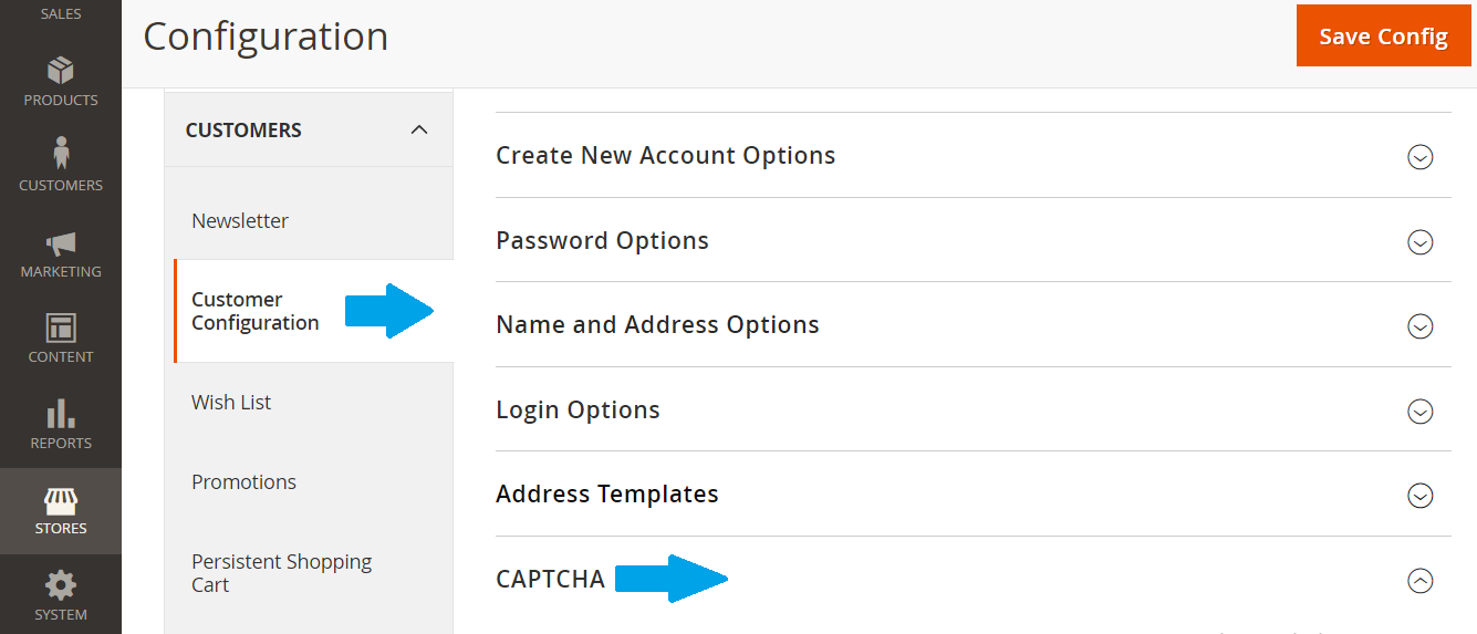 Reach CAPTCHA section under Magento Customer Configuration section