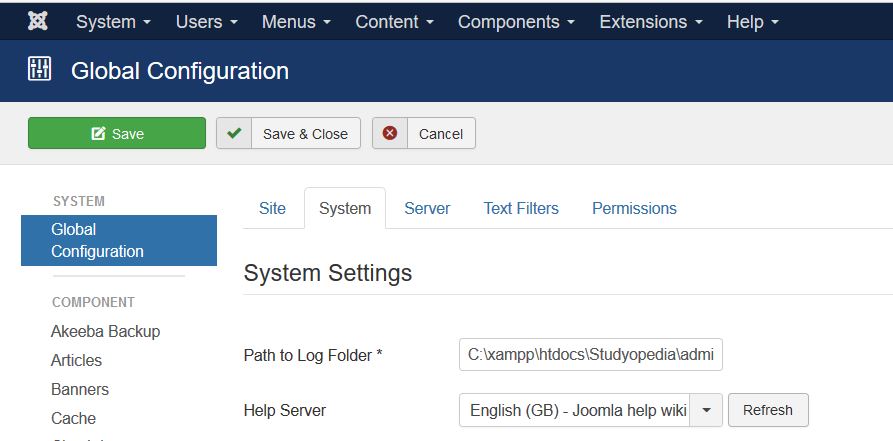 Reach Joomla System Settings under Global Configuration