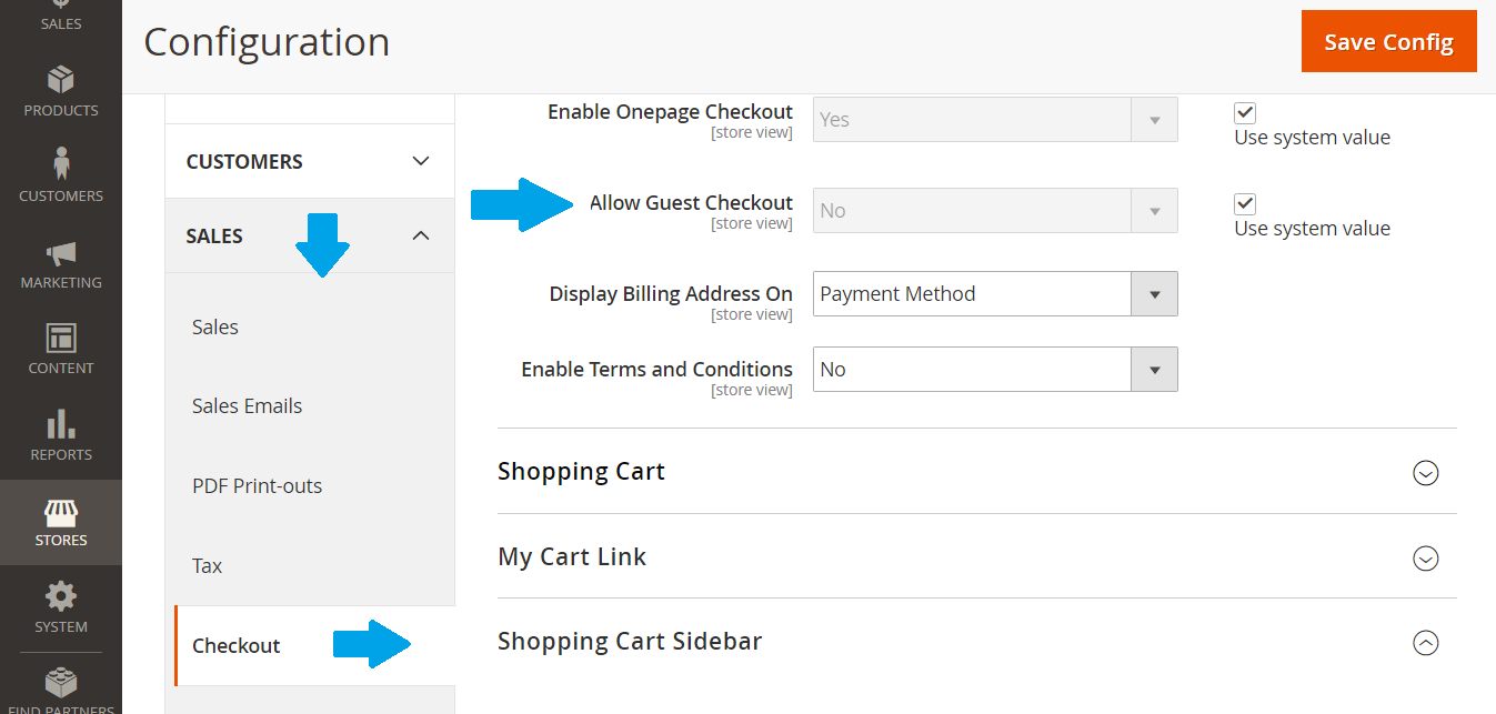 Reach Magento Checkout Options section under Checkout