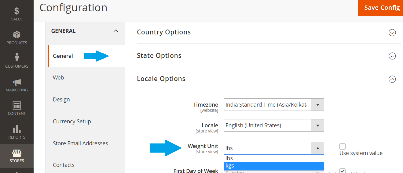 Reach Magento Locale Options & change the Weight Unit